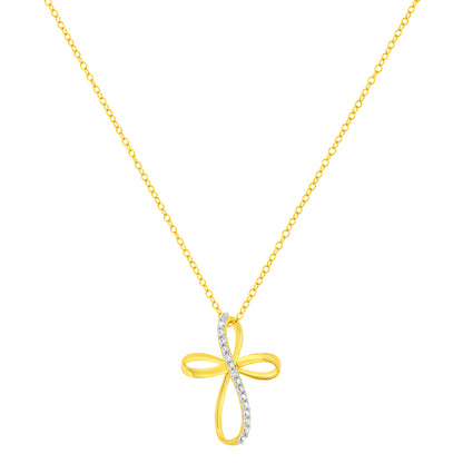Haus of Brilliance 10K Yellow Gold Plated .925 Sterling Silver Diamond Accent Cross Ribbon 18&quot; Pendant Necklace (I-J Color, I2-I3 Clarity)