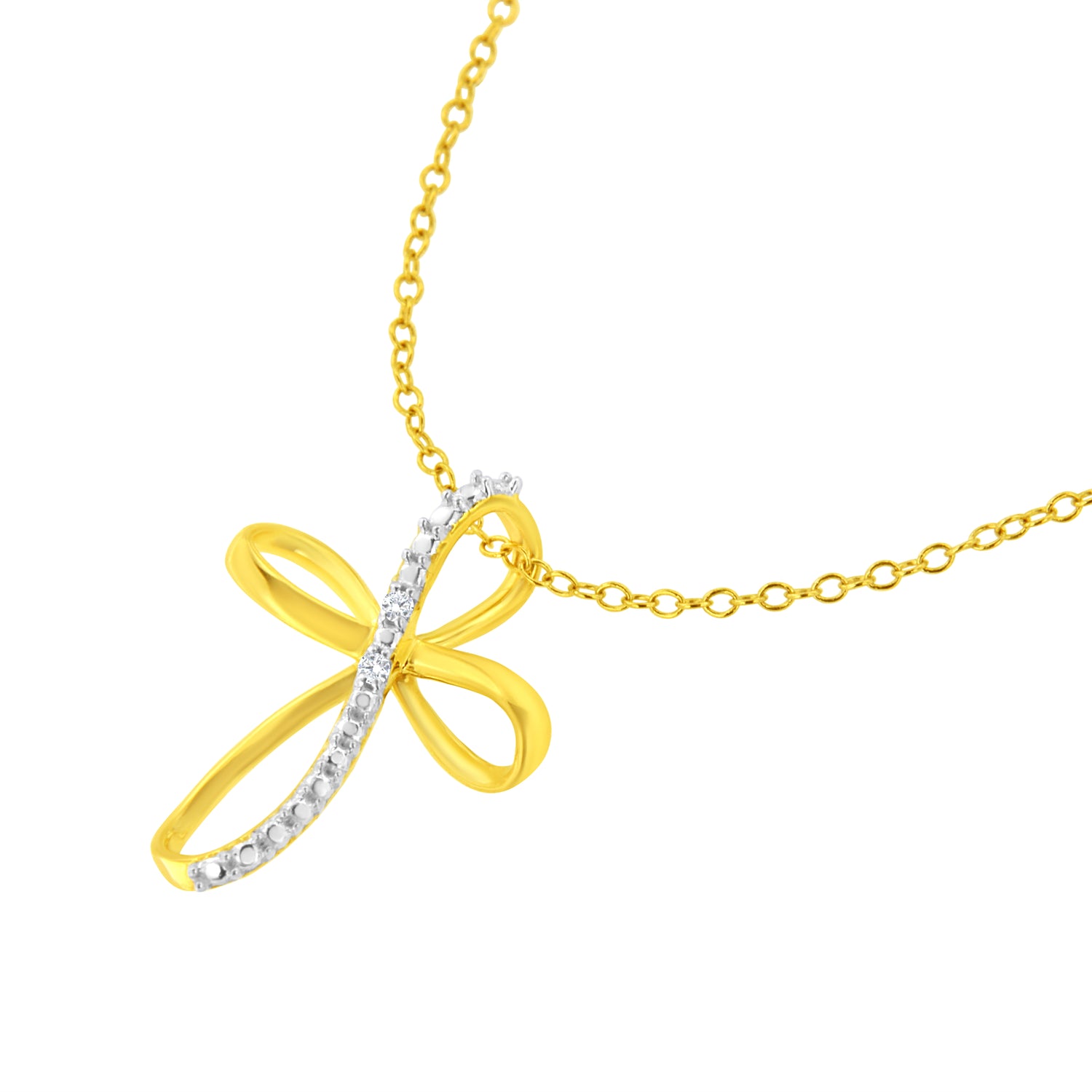 Haus of Brilliance 10K Yellow Gold Plated .925 Sterling Silver Diamond Accent Cross Ribbon 18&quot; Pendant Necklace (I-J Color, I2-I3 Clarity)