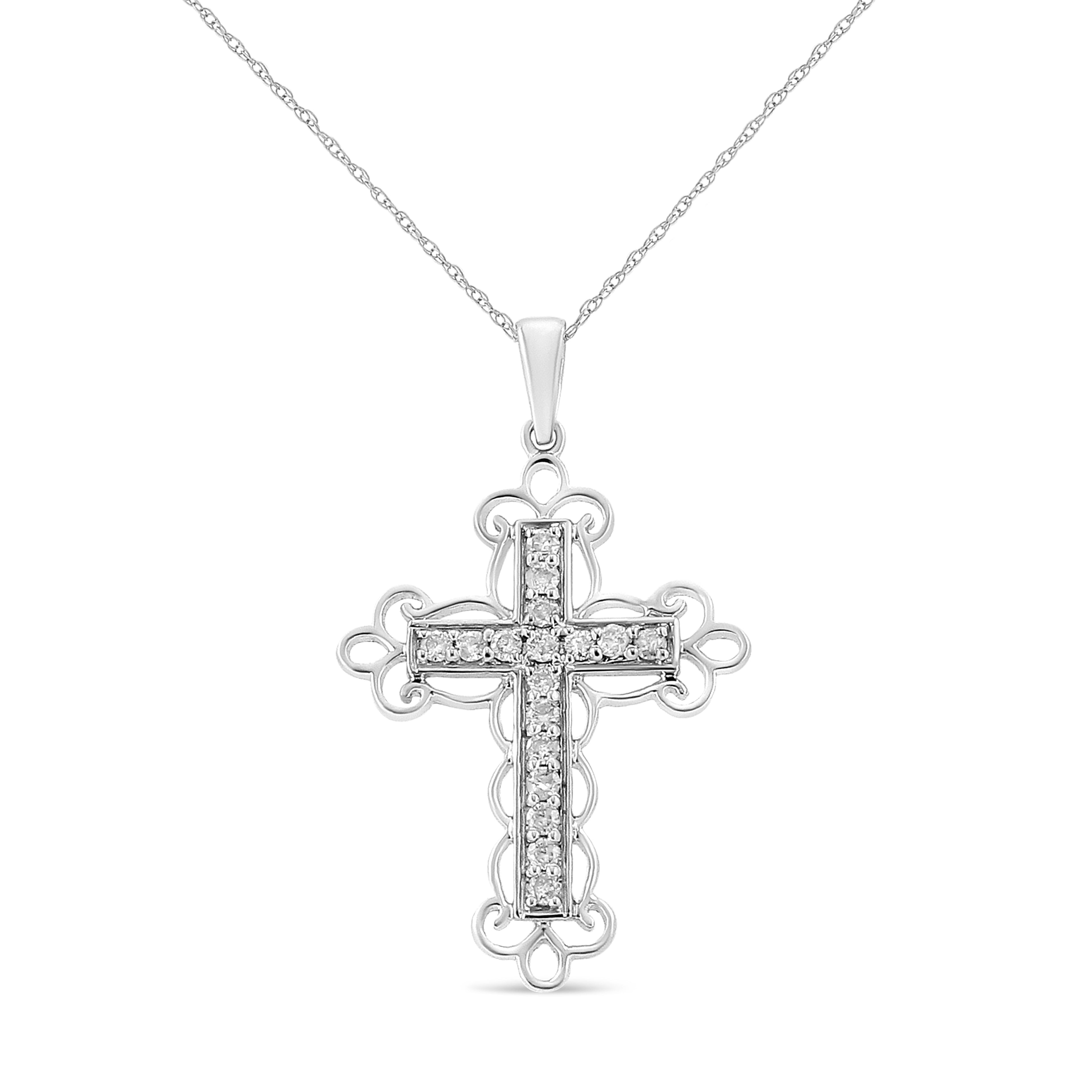 Haus of Brilliance .925 Sterling Silver 1/4 Cttw Round Cut Diamond Art Deco Style Cross 18&quot; Pendant Necklace (J-K Color, I2-I3 Clarity)