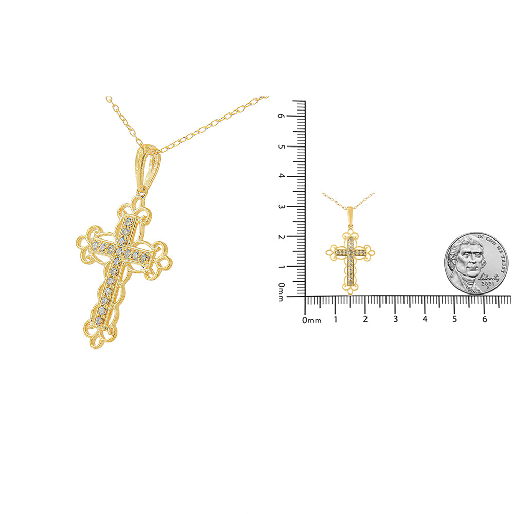 Haus of Brilliance 10K Yellow Flashed .925 Sterling Silver 1/4 Cttw Champagne Diamond Filigree Cross Pendant Necklace (K-L Color, I1-I2 Clarity) - 18&quot;