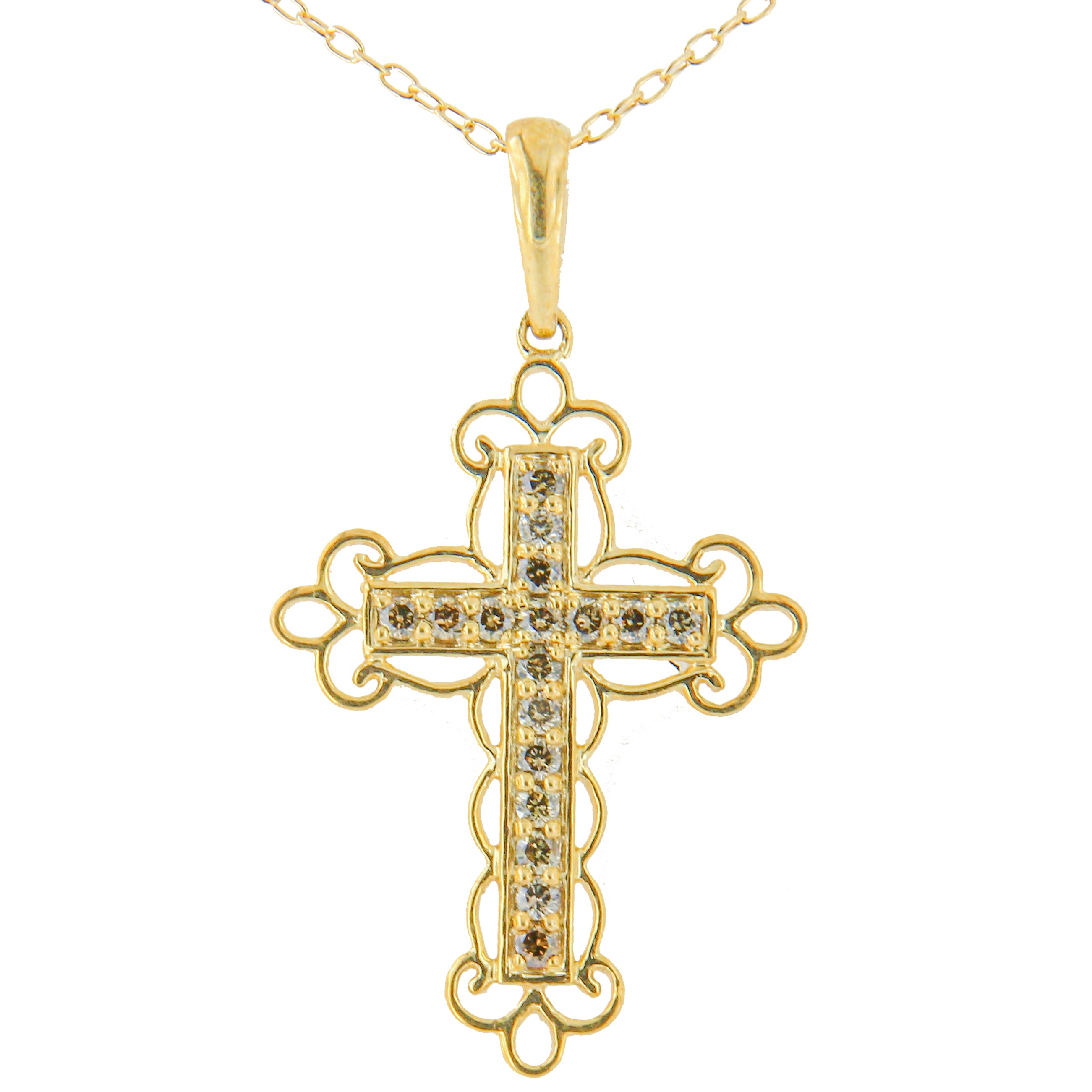 Haus of Brilliance 10K Yellow Flashed .925 Sterling Silver 1/4 Cttw Champagne Diamond Filigree Cross Pendant Necklace (K-L Color, I1-I2 Clarity) - 18&quot;