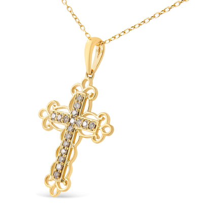 Haus of Brilliance 10K Yellow Flashed .925 Sterling Silver 1/4 Cttw Champagne Diamond Filigree Cross Pendant Necklace (K-L Color, I1-I2 Clarity) - 18&quot;