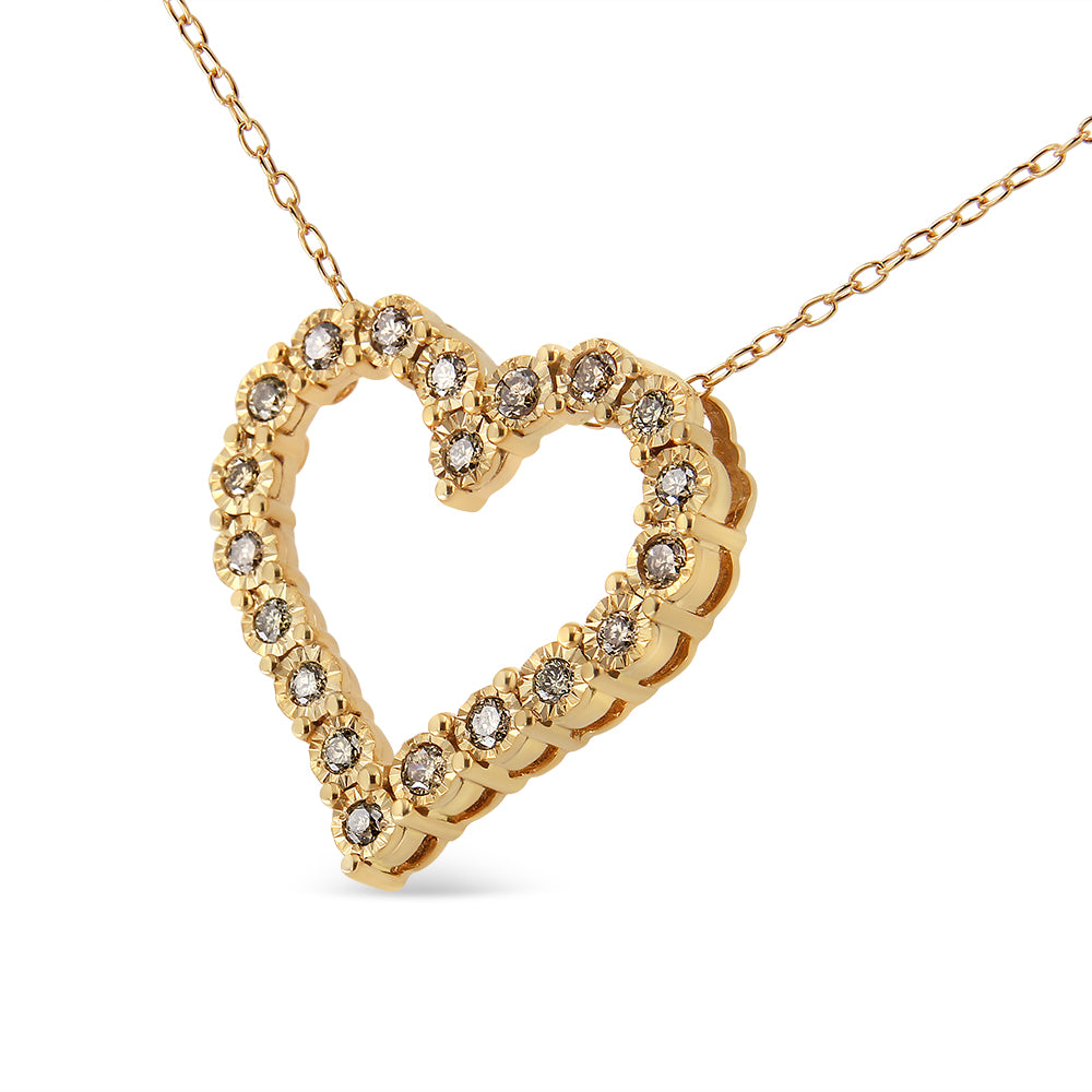 Haus of Brilliance 10K Yellow Gold Flashed .925 Sterling Silver 1/2 Cttw Champagne Diamond Miracle Plate Heart Pendant Necklace (K-L Color, I1-I2 Clarity) - 18"