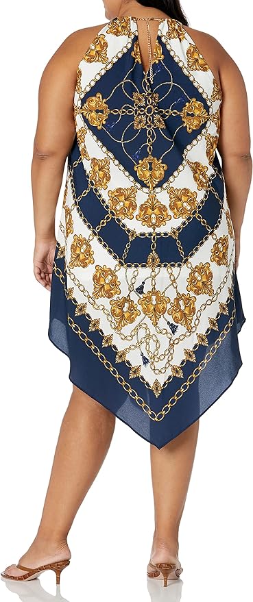 Adrianna Papell Sleeveless Halter Asymmetric Trapeze Dress - Abstract - Navy Multi/Navy/Ivory Multi - 8