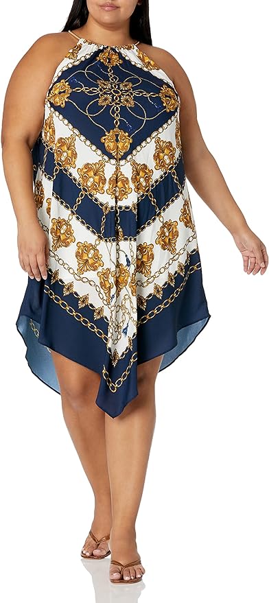 Adrianna Papell Sleeveless Halter Asymmetric Trapeze Dress - Abstract - Navy Multi/Navy/Ivory Multi - 8