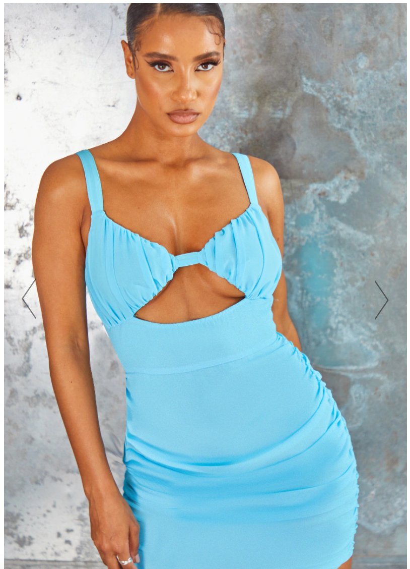 PrettyLittleThing Blue Ruched Cut Out Mini Dress / M