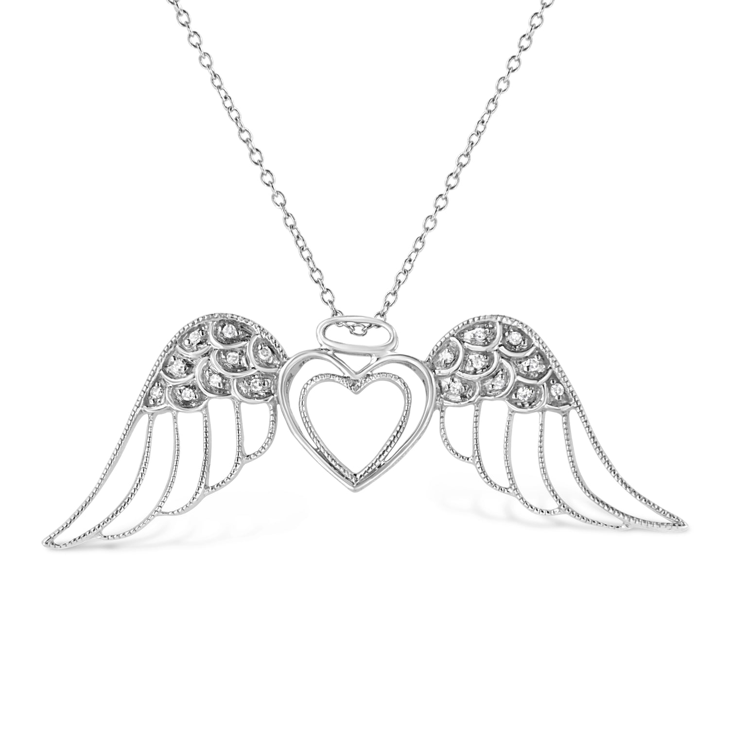 Haus of Brilliance .925 Sterling Silver Pave-Set Diamond Accent Angel Wing 18&quot; Double Heart Pendant Necklace (I-J Color, I1-I2 Clarity)