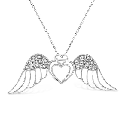 Haus of Brilliance .925 Sterling Silver Pave-Set Diamond Accent Angel Wing 18&quot; Double Heart Pendant Necklace (I-J Color, I1-I2 Clarity)