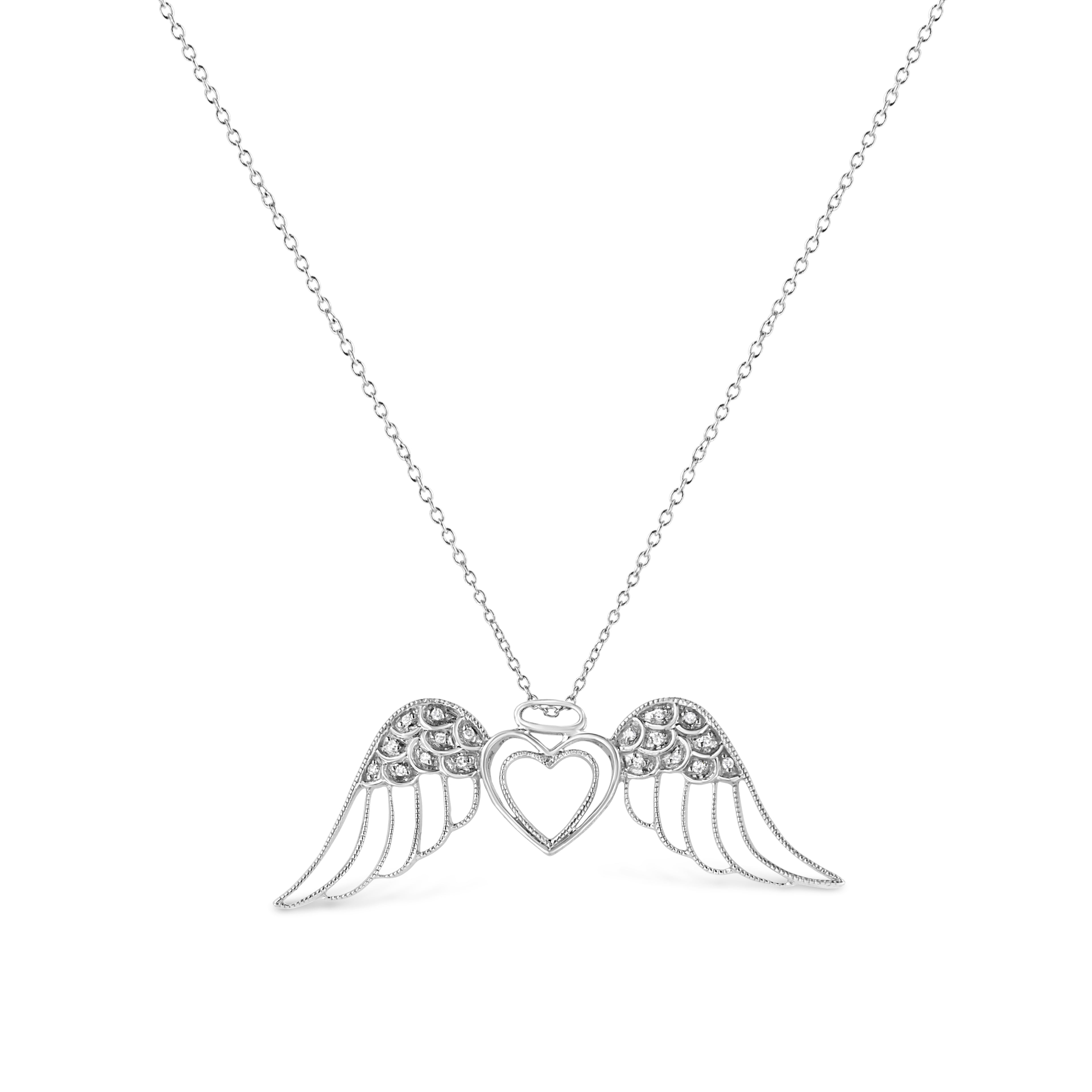 Haus of Brilliance .925 Sterling Silver Pave-Set Diamond Accent Angel Wing 18&quot; Double Heart Pendant Necklace (I-J Color, I1-I2 Clarity)