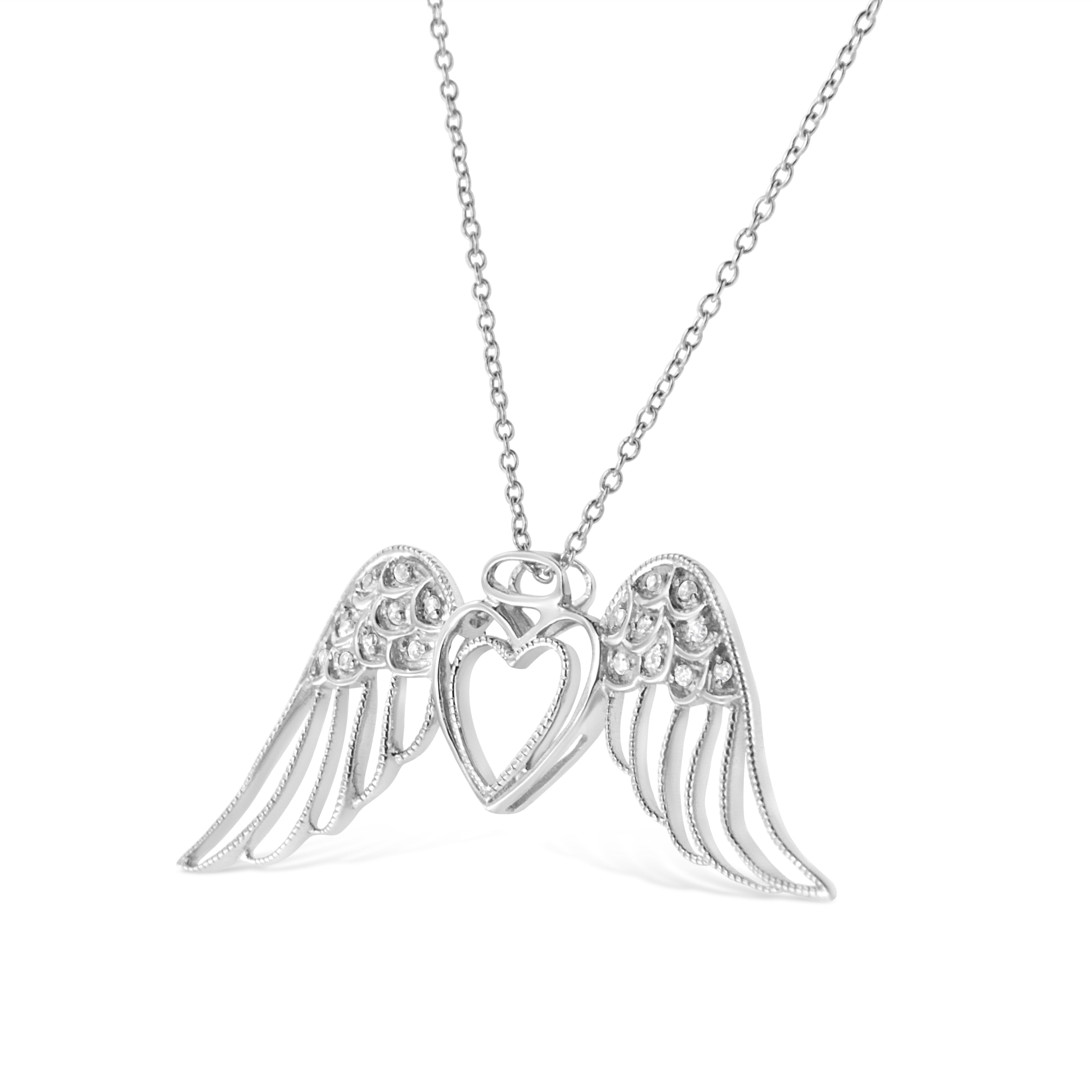 Haus of Brilliance .925 Sterling Silver Pave-Set Diamond Accent Angel Wing 18&quot; Double Heart Pendant Necklace (I-J Color, I1-I2 Clarity)