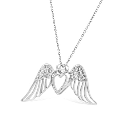 Haus of Brilliance .925 Sterling Silver Pave-Set Diamond Accent Angel Wing 18&quot; Double Heart Pendant Necklace (I-J Color, I1-I2 Clarity)