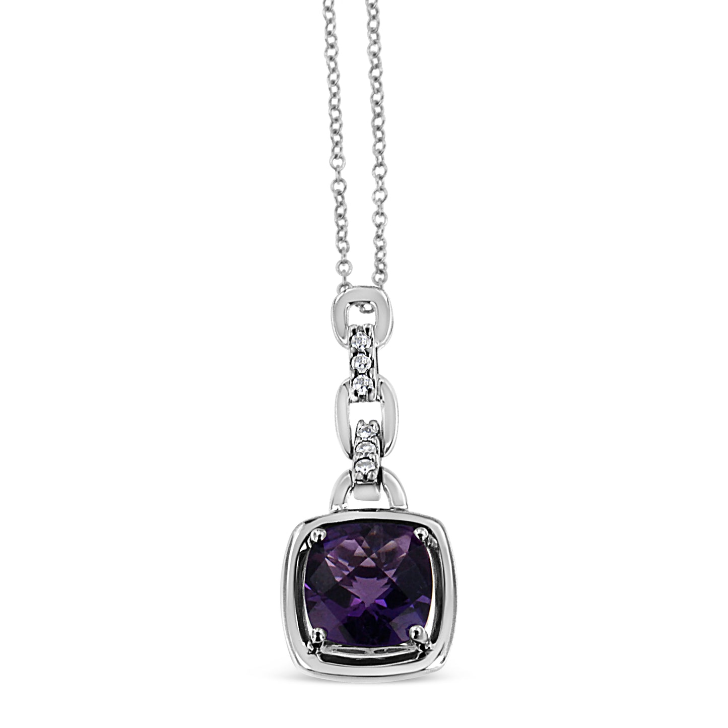 Haus of Brilliance .925 Sterling Silver 6x6MM Cushion Shaped Natural Purple Amethyst and Diamond Accented Bale 18" Inch Pendant Necklace (I-J Color, I1-I2 Clarity)