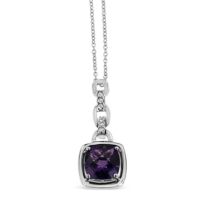 Haus of Brilliance .925 Sterling Silver 6x6MM Cushion Shaped Natural Purple Amethyst and Diamond Accented Bale 18&quot; Inch Pendant Necklace (I-J Color, I1-I2 Clarity)
