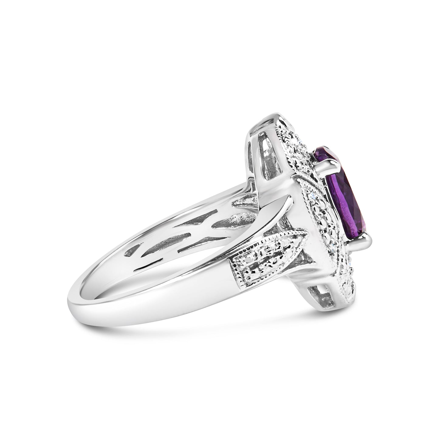 Haus of Brilliance .925 Sterling Silver 9x7mm Oval Purple Amethyst and Diamond Accent Art Deco Style Cocktail Ring (I-J Color, I1-I2 Clarity) - Size 6