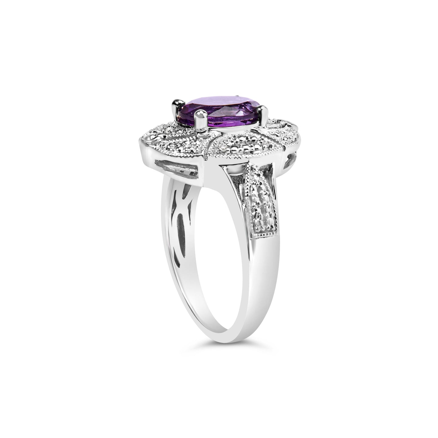 Haus of Brilliance .925 Sterling Silver 9x7mm Oval Purple Amethyst and Diamond Accent Art Deco Style Cocktail Ring (I-J Color, I1-I2 Clarity) - Size 6