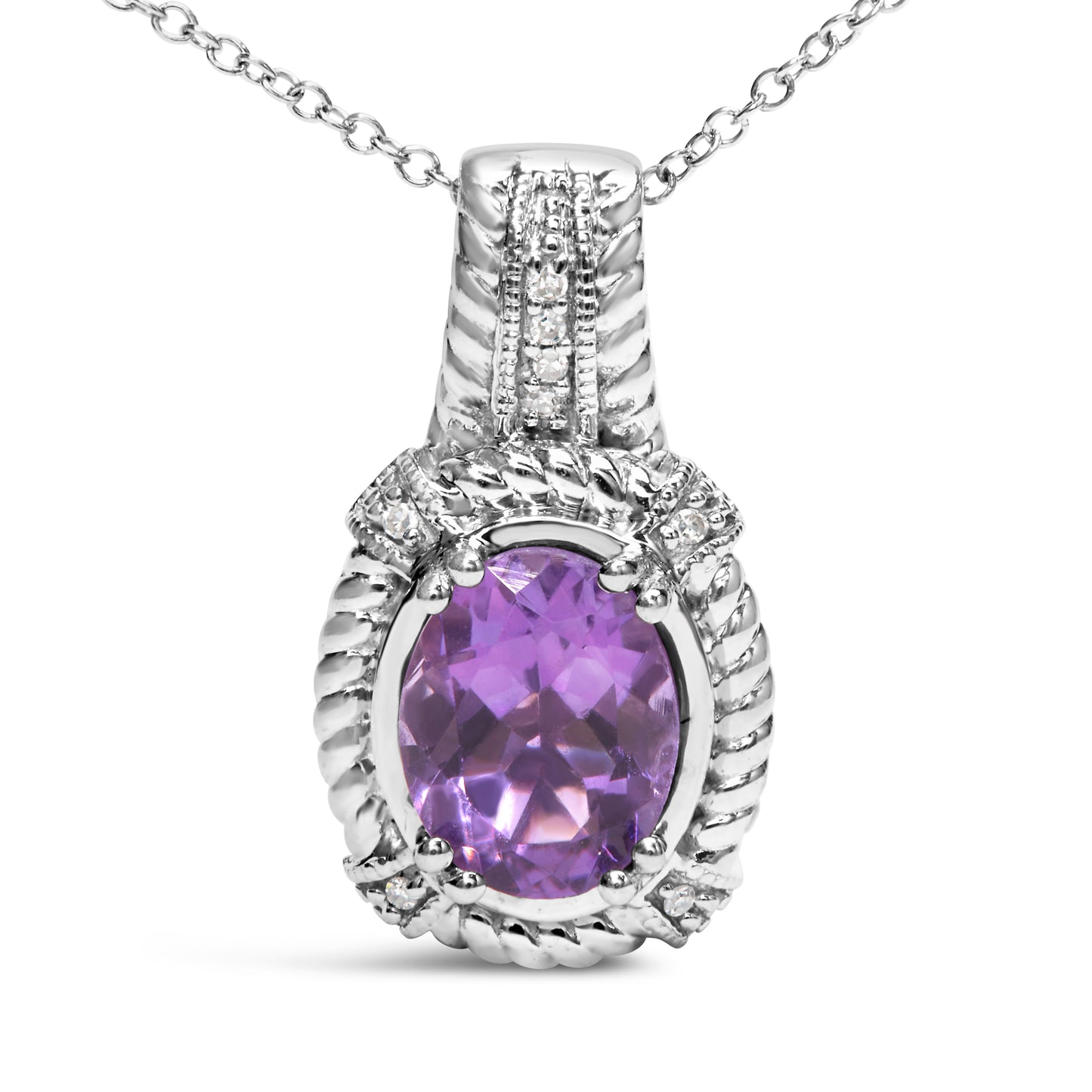 Haus of Brilliance .925 Sterling Silver 9x7mm Oval Purple Amethyst and Round Diamond Accent Fashion Drop Pendant 18 Inch Necklace (I-J Color, I1-I2 Clarity)