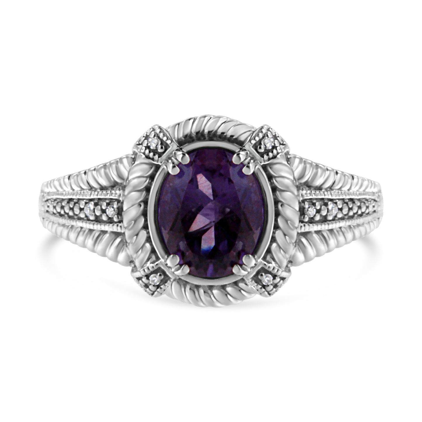 Haus of Brilliance .925 Sterling Silver Prong Set Natural Oval Shape 9X7 MM Purple Amethyst Solitaire and Diamond Accent Ring (I-J Color, I1-I2 Clarity) - Ring Size 7