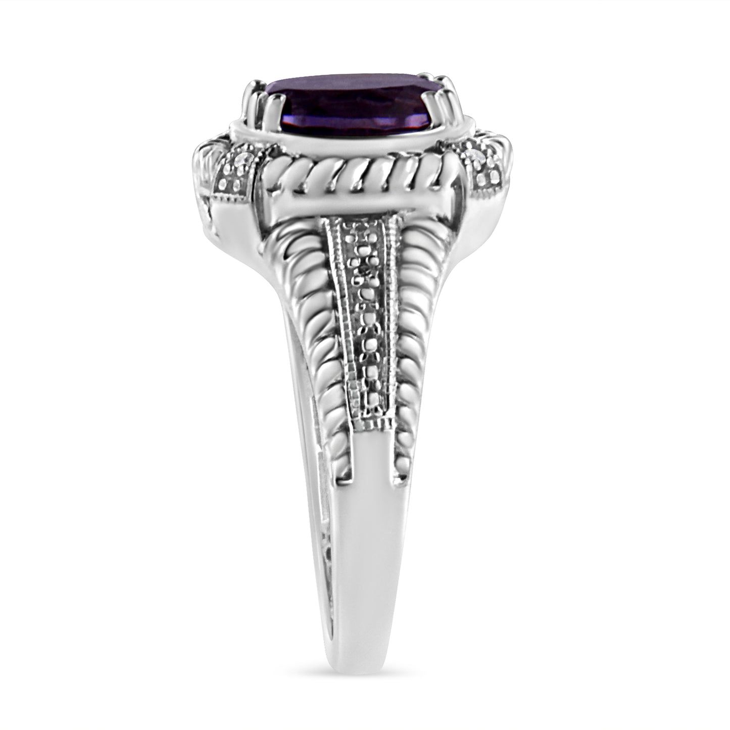 Haus of Brilliance .925 Sterling Silver Prong Set Natural Oval Shape 9X7 MM Purple Amethyst Solitaire and Diamond Accent Ring (I-J Color, I1-I2 Clarity) - Ring Size 7