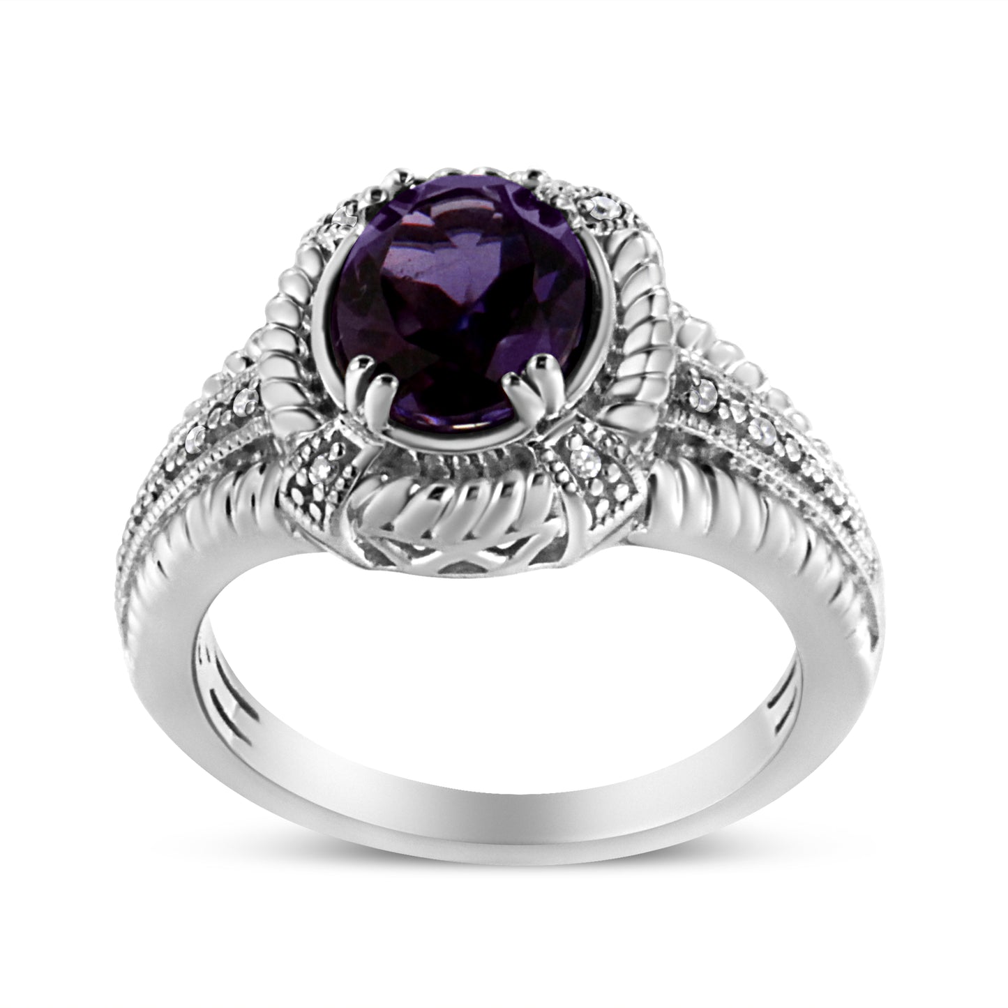 Haus of Brilliance .925 Sterling Silver Prong Set Natural Oval Shape 9X7 MM Purple Amethyst Solitaire and Diamond Accent Ring (I-J Color, I1-I2 Clarity) - Ring Size 7