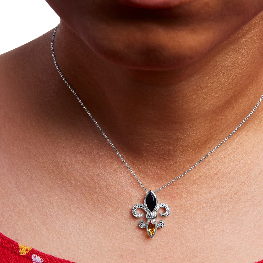 Haus of Brilliance .925 Sterling Silver Marquise Onyx and Citrine and Diamond Accent Fleur De Lis Pendant Necklace (H-I Color, SI1-SI2 Clarity) - 18&quot;