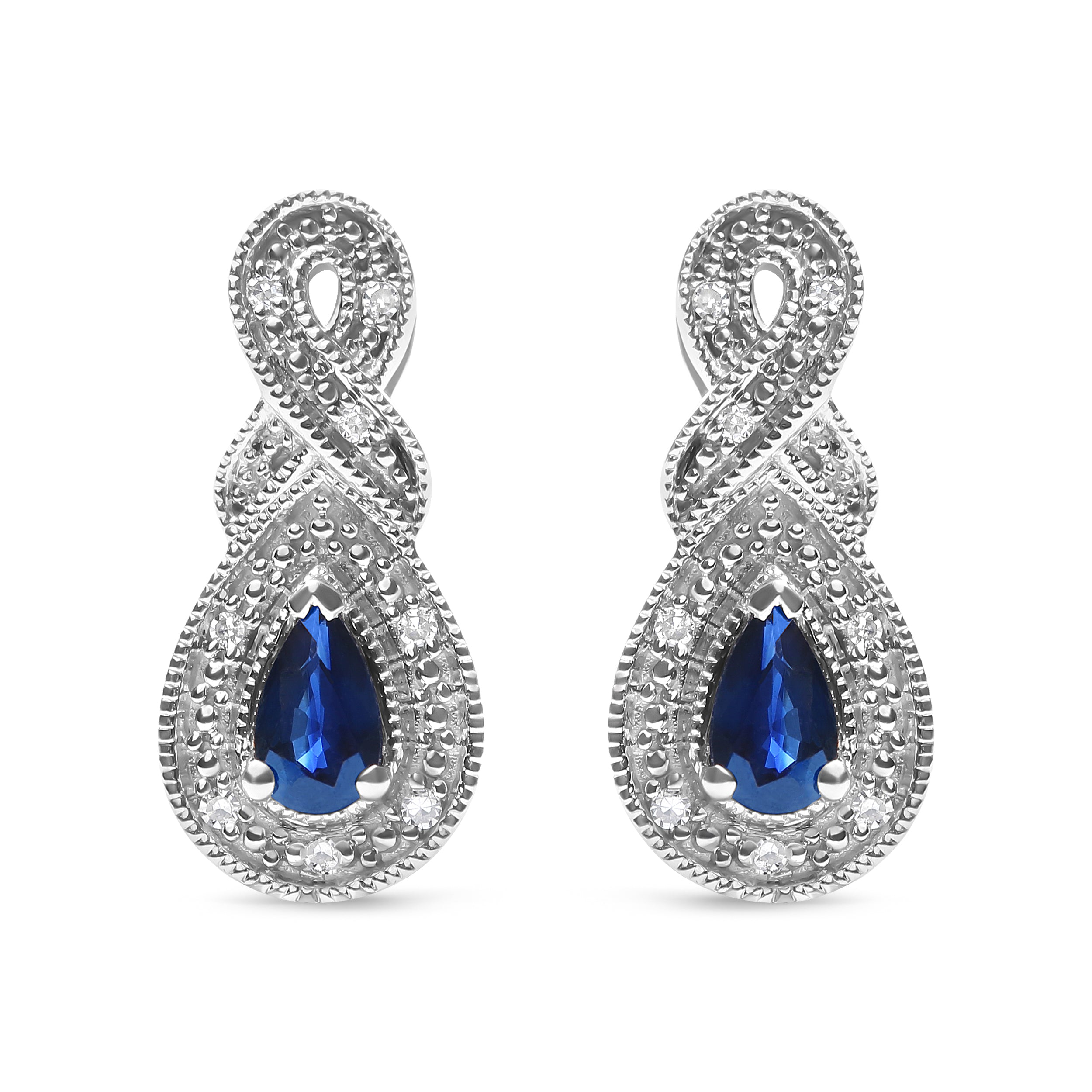 Haus of Brilliance .925 Sterling Silver 4.5 x 3mm Pear Sapphire Gemstone and Diamond Accent Infinity Drop Stud Earrings (H-I Color, SI1-SI2 Clarity) NWT