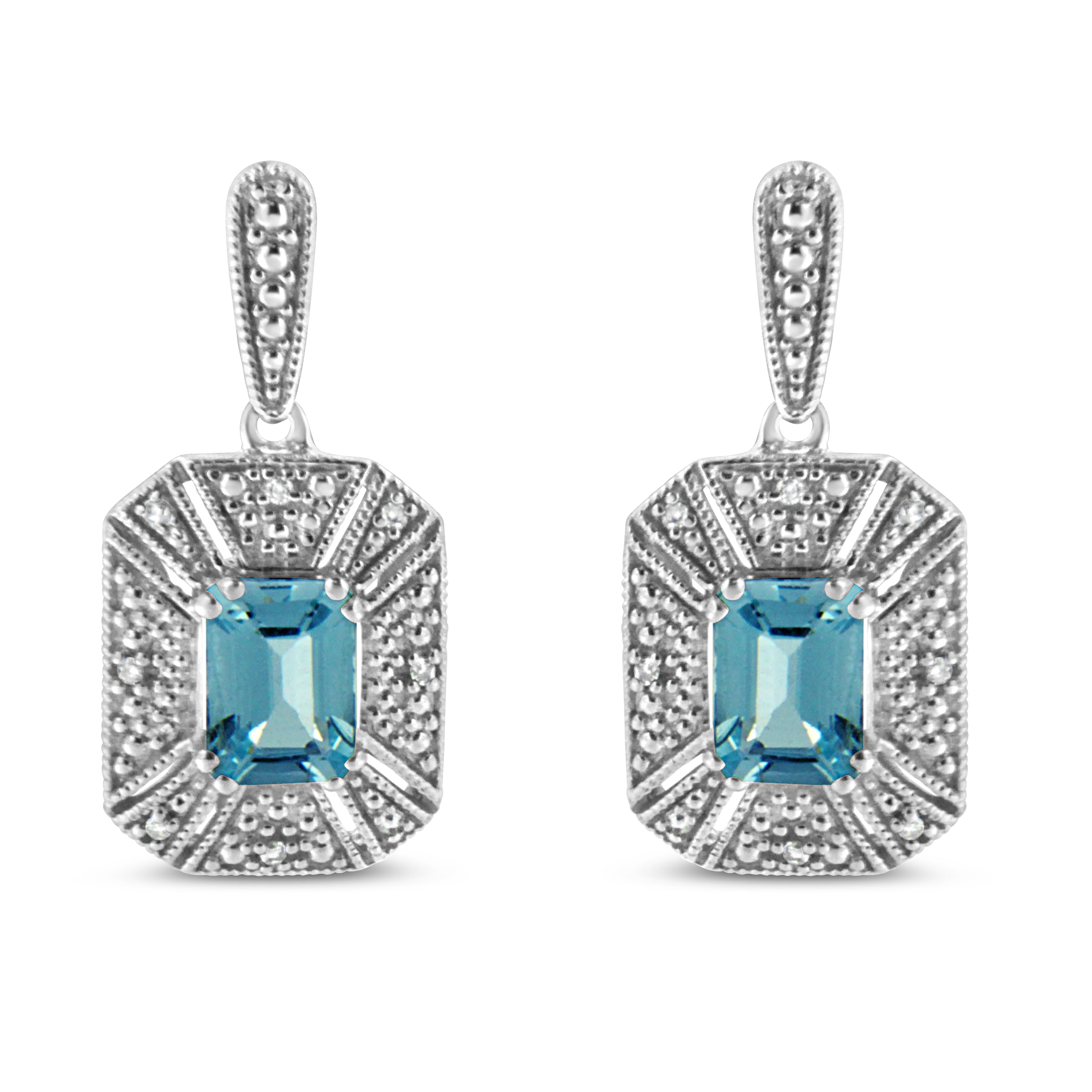 Haus of Brilliance .925 Sterling Silver 7x5MM Emerald Shape Blue Topaz and Diamond Accent Art Deco Halo Style Drop and Dangle Earrings (I-J Color, I1-I2 Clarity)