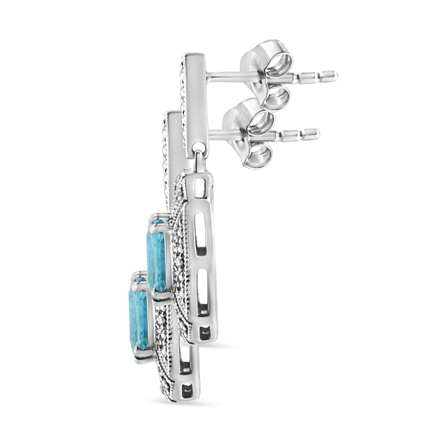 Haus of Brilliance .925 Sterling Silver 7x5MM Emerald Shape Blue Topaz and Diamond Accent Art Deco Halo Style Drop and Dangle Earrings (I-J Color, I1-I2 Clarity)