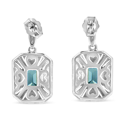 Haus of Brilliance .925 Sterling Silver 7x5MM Emerald Shape Blue Topaz and Diamond Accent Art Deco Halo Style Drop and Dangle Earrings (I-J Color, I1-I2 Clarity)