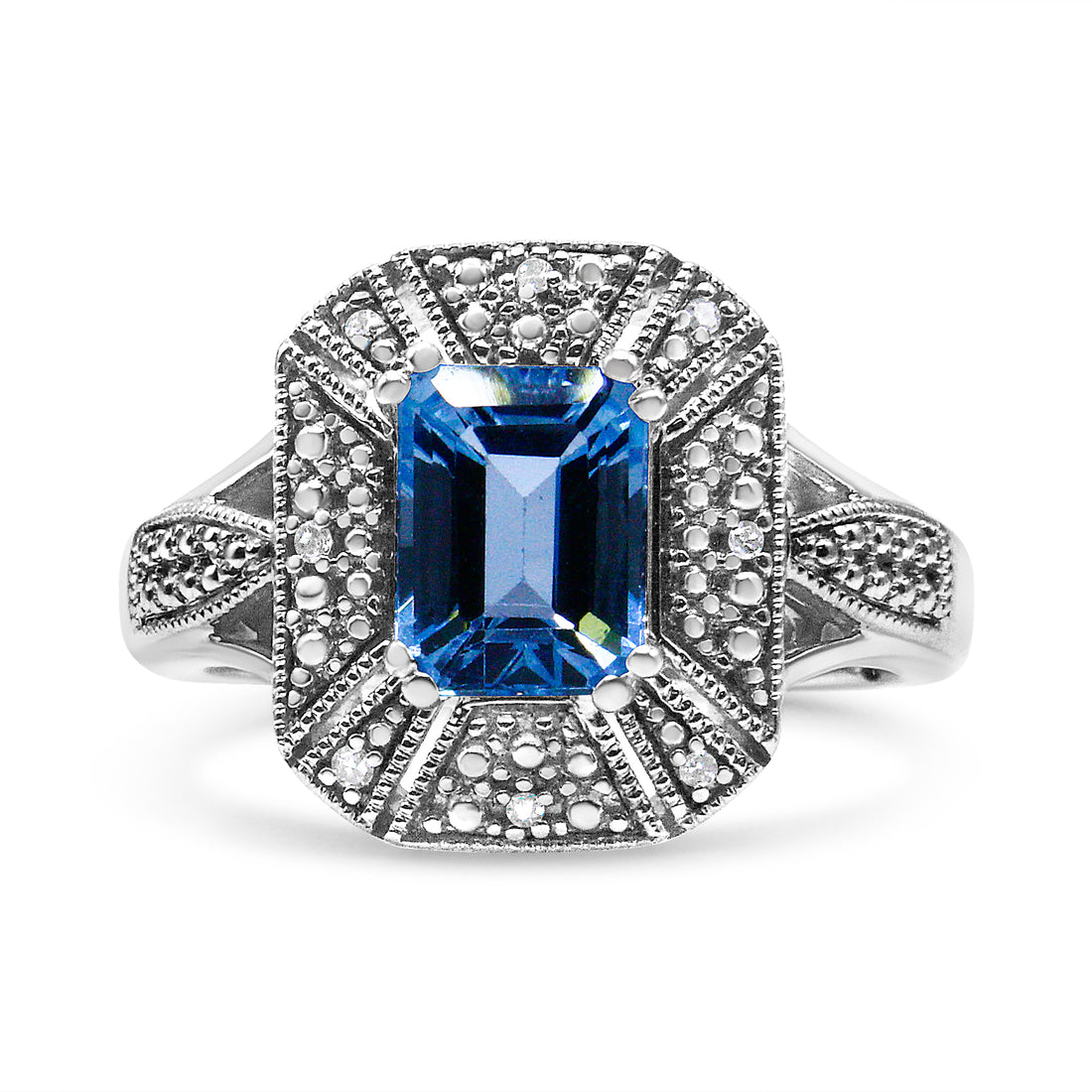 Haus of Brilliance .925 Sterling Silver Diamond Accent and 8X6 mm Emerald-Shape Blue Topaz Ring (I-J Color, I2-I3 Clarity) - Ring Size 8