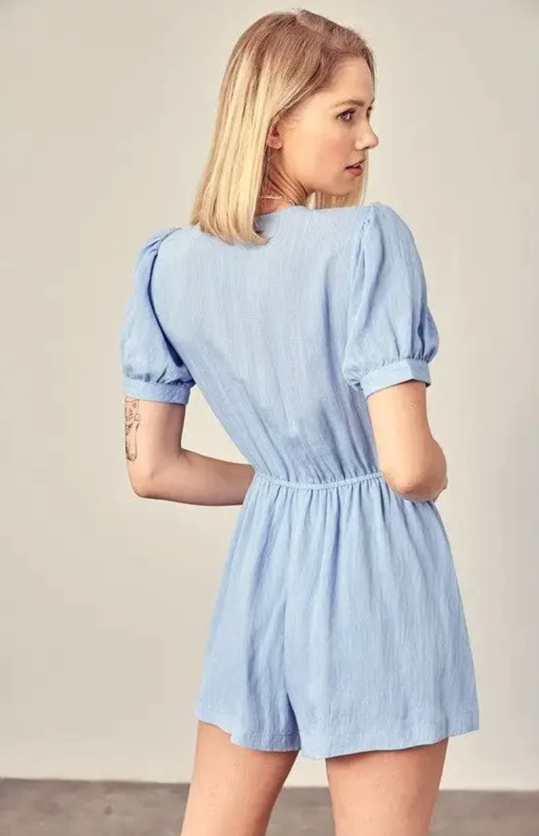 Mustard Seed Light Blue Front Tie Linen Romper / M