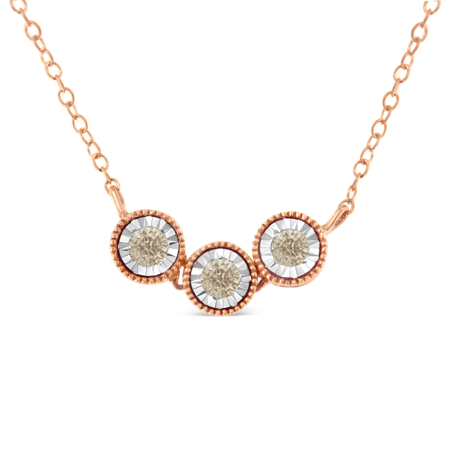 Haus of Brilliance 10K Rose and White Gold Plated .925 Sterling Silver 1/4 Cttw Miracle-Set Champagne Diamond Triple Circle 18&quot; Necklace (I2-I3 Clarity)