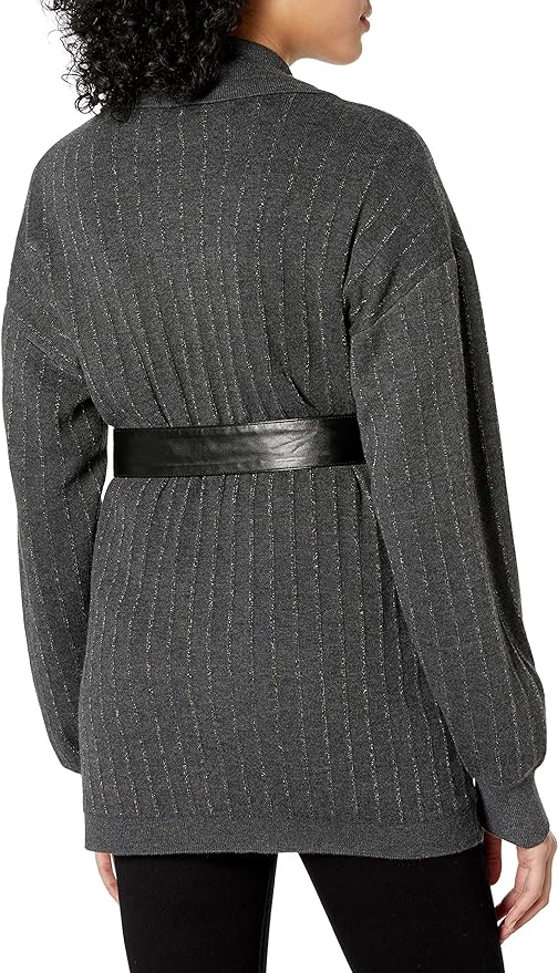 Bailey 44 Women's Sweater Knit Coat with Shimmer Stripe Detail and Faux Leather Removeable Belt