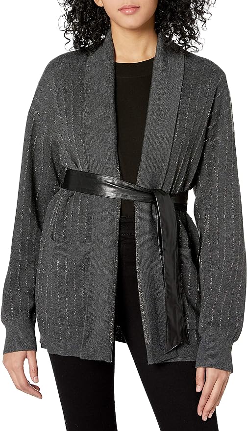 Bailey 44 Women's Sweater Knit Coat with Shimmer Stripe Detail and Faux Leather Removeable Belt