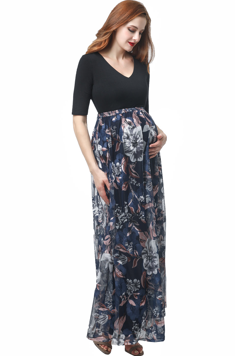 Kim and Kai Maternity Mesh Floral Print Maxi Dress Navy Multi