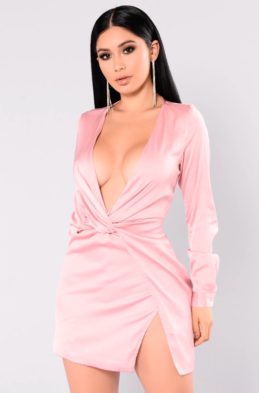 Fashion Nova Blush Long Sleeve Satin Deep V Mini / S