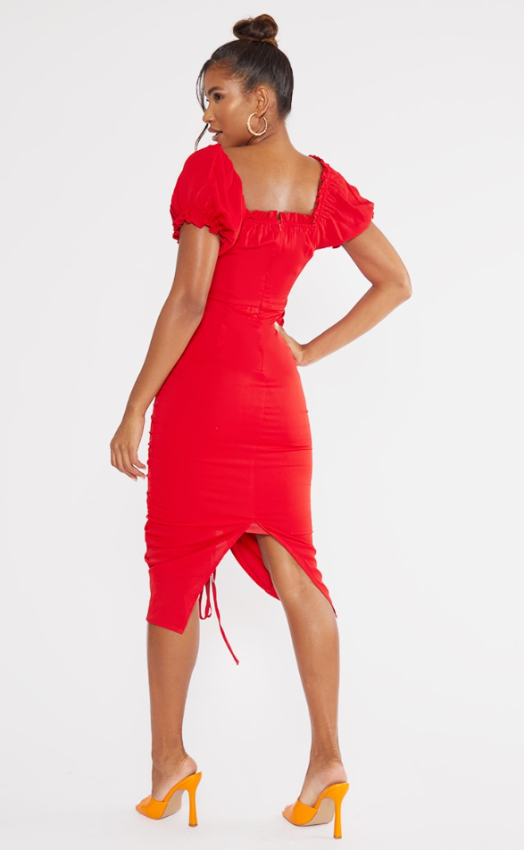 PrettyLittleThing Red Ruched Center Bardot Midi Dress / S