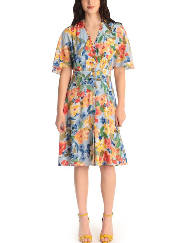 Maggy London Button Up Flutter Sleeve Cari Dress - Floral - Blue Multi/French Blue/ Yellow - 8