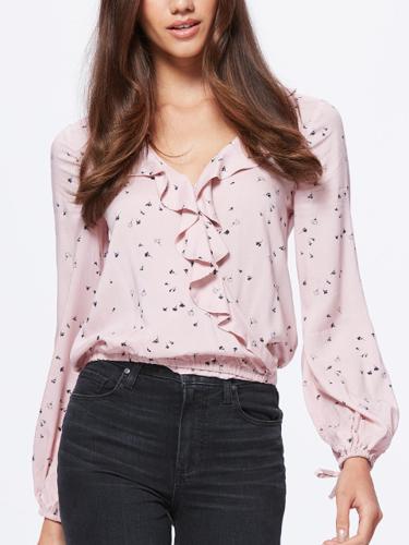 Paige Long Sleeve Faux Wrap Ruffled Blouse - Floral - Pink Multi/Blush/Black - XS