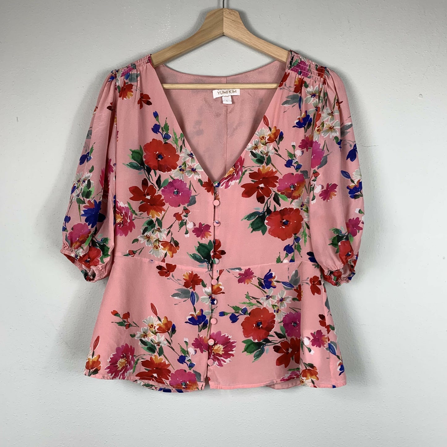 Yumi Kim Short Elastic Sleeve Button Front Blouse - Floral - Pink Multi/Sunnyside Pink (Silk Blend) - L