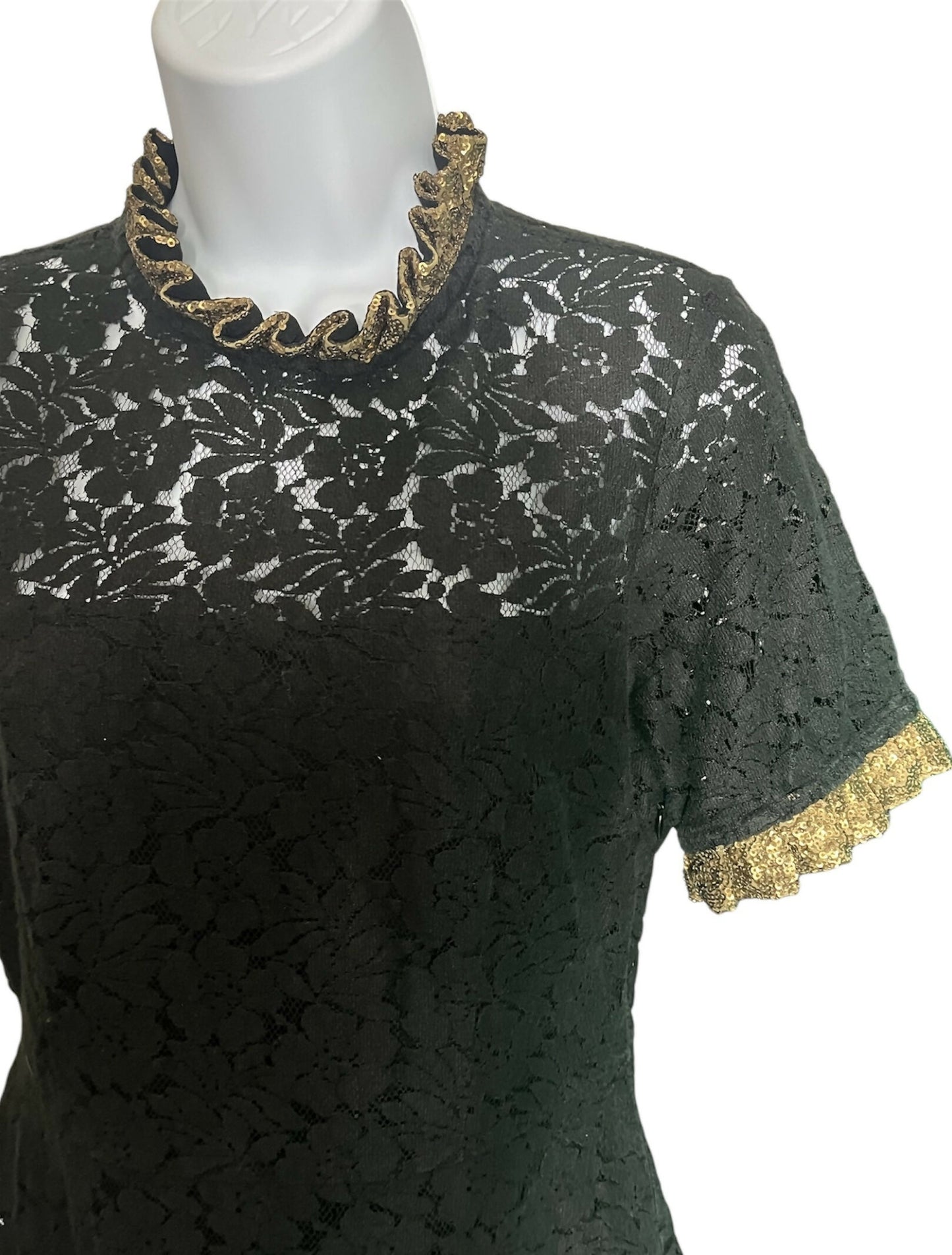 Samshek Short Sleeve Gold Ruffle Lace Overlay Dress Floral Black Multi size 8