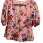 Yumi Kim Short Elastic Sleeve Button Front Blouse - Floral - Pink Multi/Sunnyside Pink (Silk Blend) - M