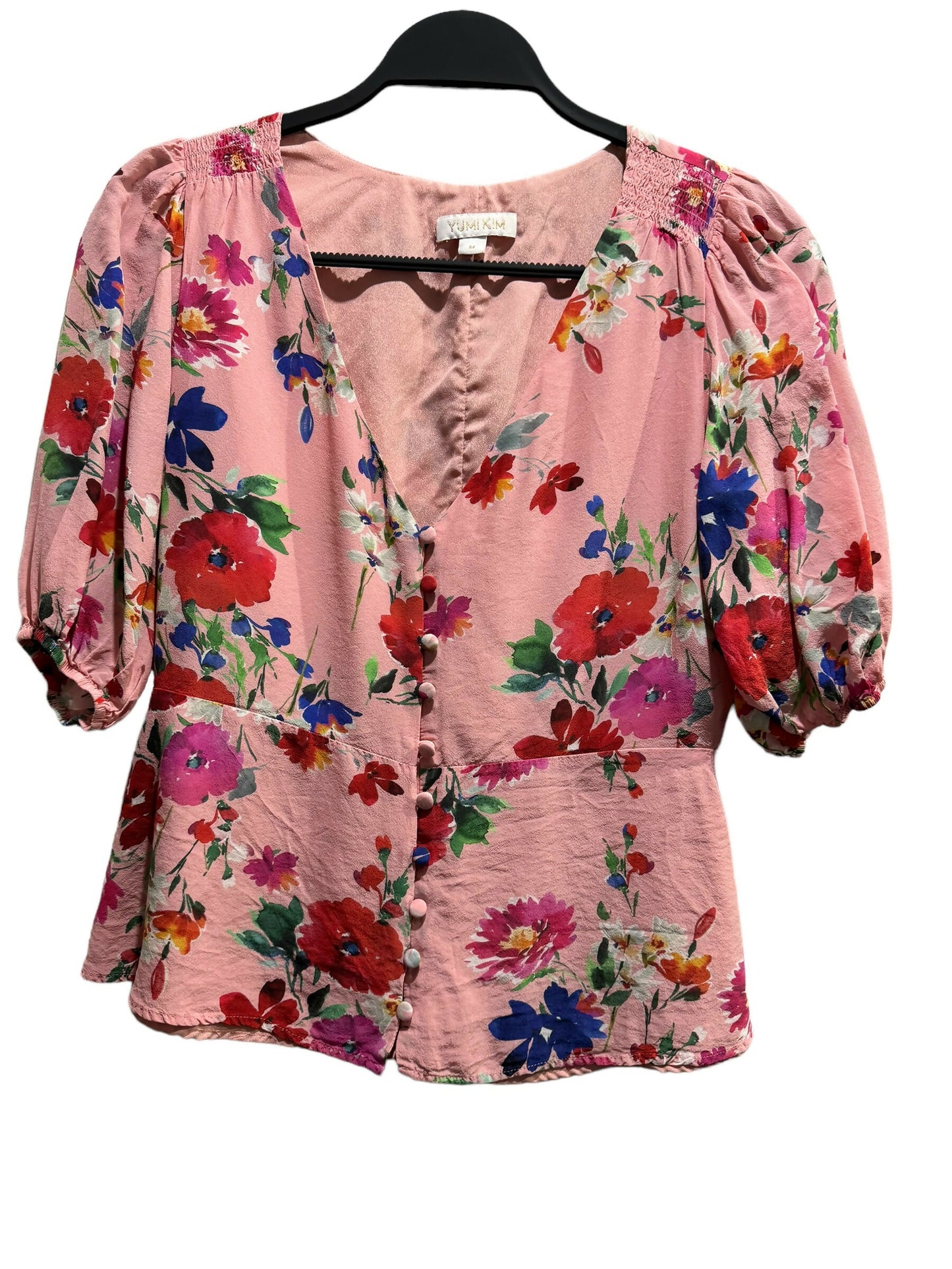 Yumi Kim Short Elastic Sleeve Button Front Blouse - Floral - Pink Multi/Sunnyside Pink (Silk Blend) - M