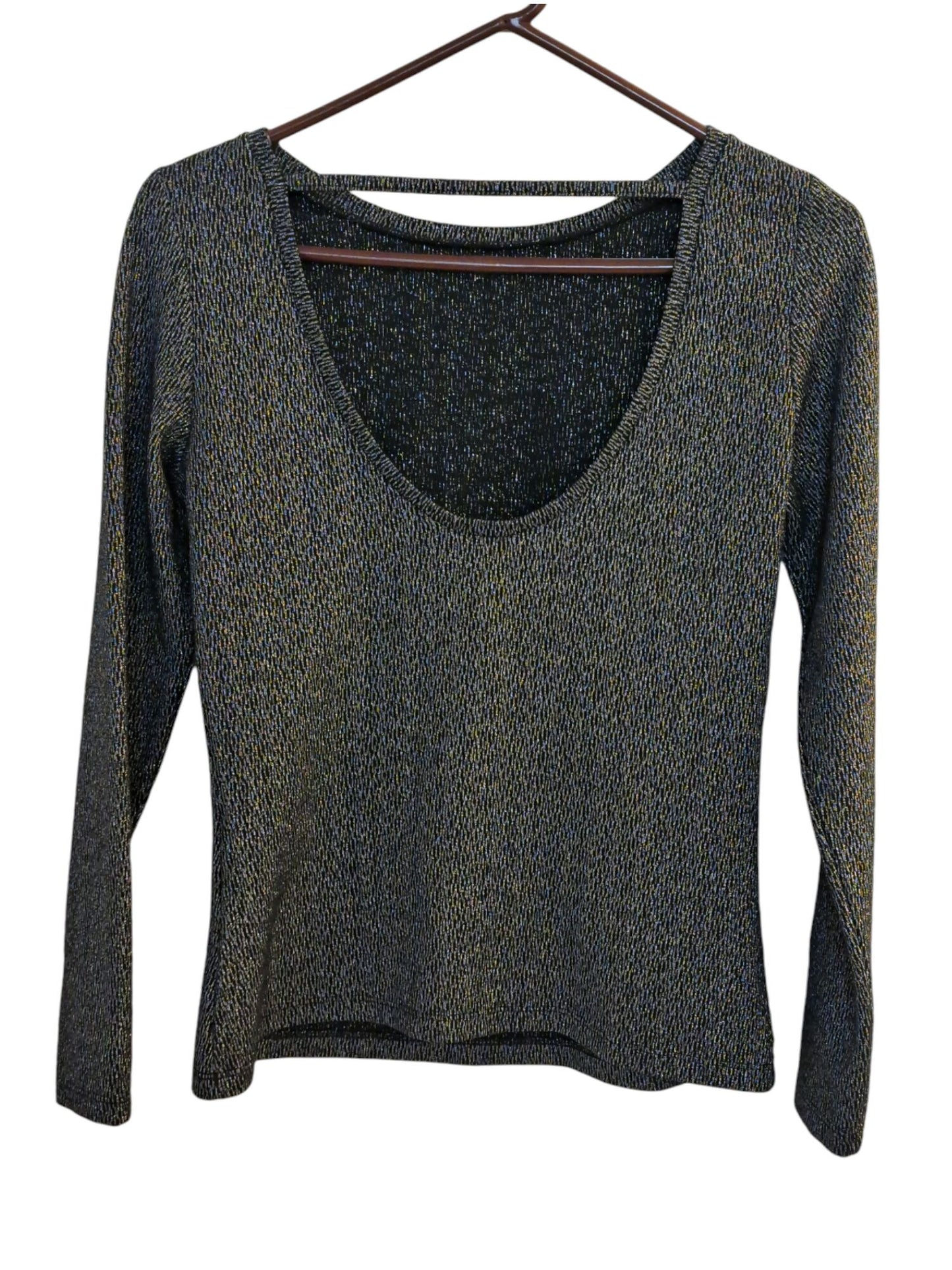 Reiss Long Sleeve Open Back Shimmer Top-Black-Multi Small