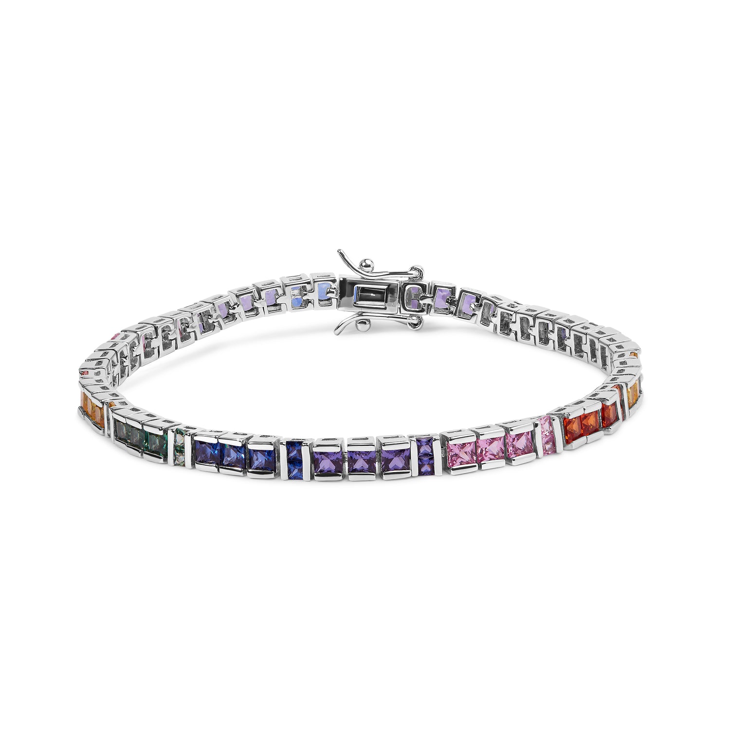 Huas of Brilliance .925 Sterling Silver 12.0 Cttw Multi Colored Princess Cut Gemstone Link Tennis Bracelet (AAA Quality) - 7.25&quot; Inches