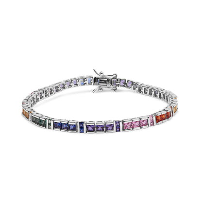 Huas of Brilliance .925 Sterling Silver 12.0 Cttw Multi Colored Princess Cut Gemstone Link Tennis Bracelet (AAA Quality) - 7.25&quot; Inches