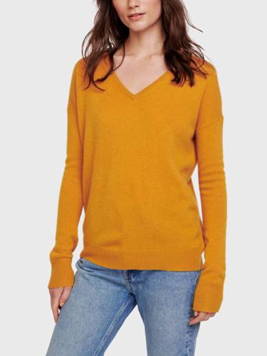 White + Warren Ribbed Trim Cashmere V-Neck Sweater - /Gold - S/