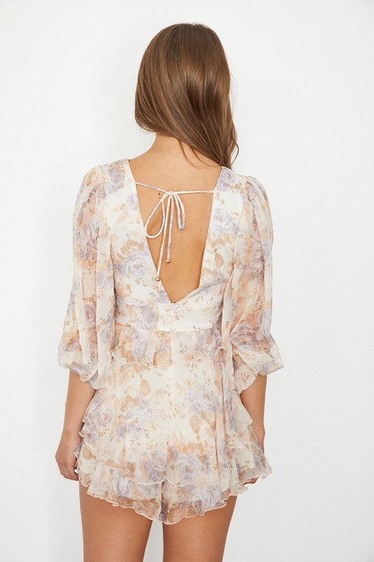 One And Only Cream Floral Half Sleeve Romper / M