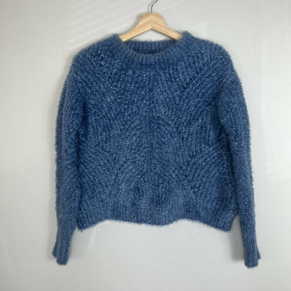 Aqua Pointelle Mock Neck Cropped Sweater Blue Large