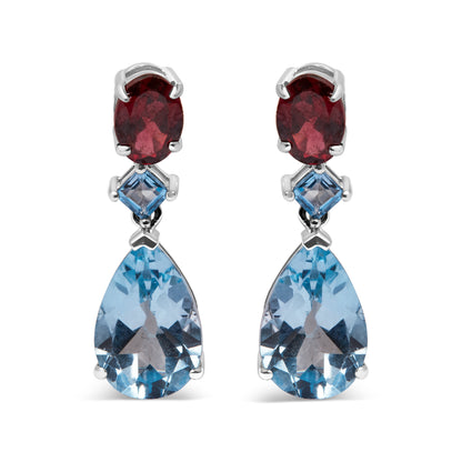 Haus of Brilliance .925 Sterling Silver 10.0 Carat Blue Topaz and Grape Rhodolite Garnet Dangle Drop Earrings 1&quot; Inch Dangle Length