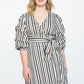 Eloquii 3/4 Puffed Sleeve V-Neck Self-Tie Striped Wrap Dress - Stripes - Black Multi